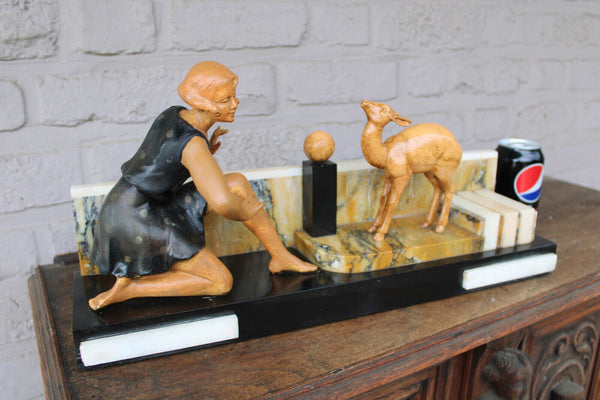 Antique art deco spelter metal marble base lady deer animal sculpture statue