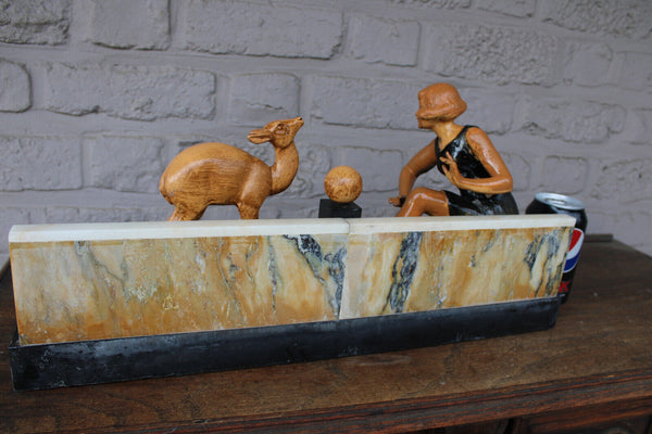 Antique art deco spelter metal marble base lady deer animal sculpture statue