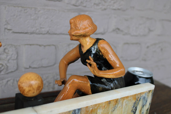 Antique art deco spelter metal marble base lady deer animal sculpture statue