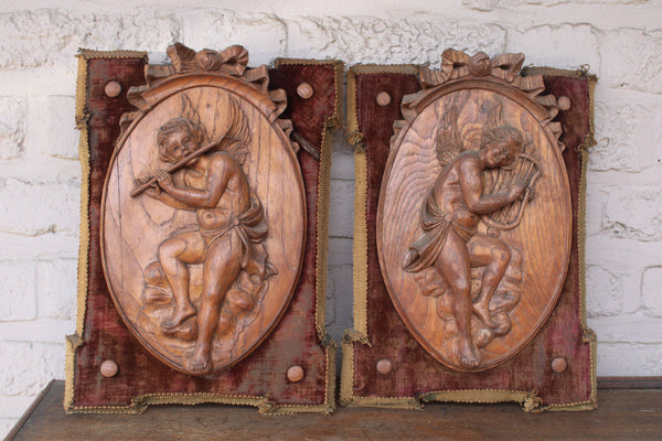 PAIR antique wood carved putti angel musician figural wall panel plaque velvet