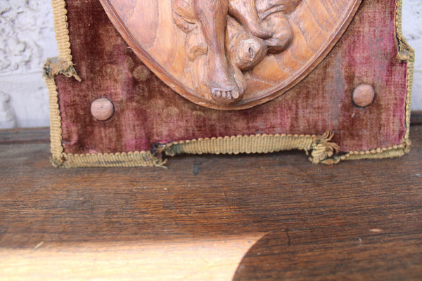 PAIR antique wood carved putti angel musician figural wall panel plaque velvet