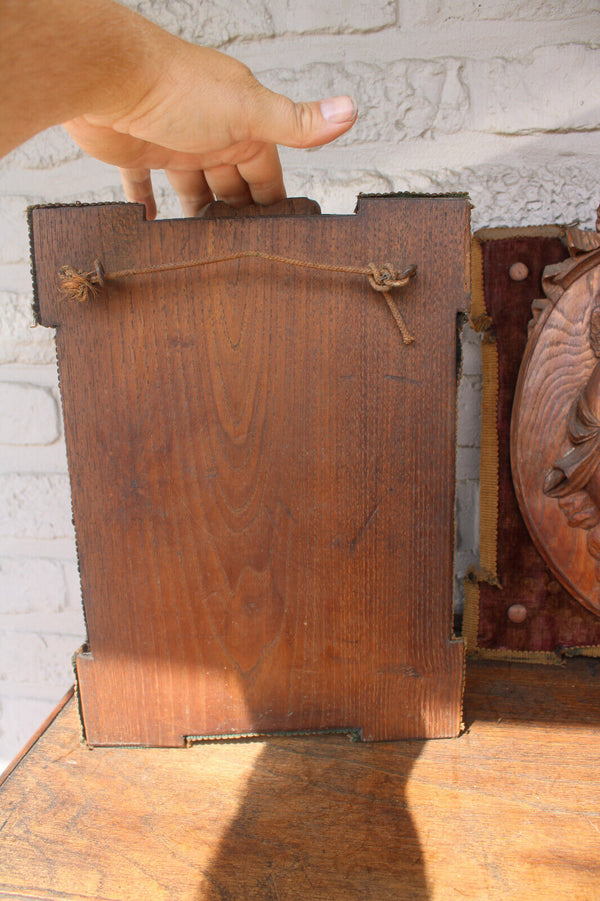 PAIR antique wood carved putti angel musician figural wall panel plaque velvet