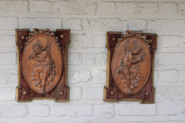 PAIR antique wood carved putti angel musician figural wall panel plaque velvet