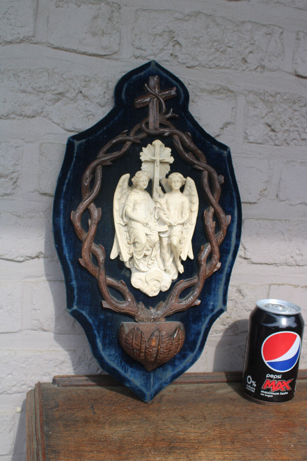 Antique Black forest meerschaum Archangel Statue holy water font religious panel