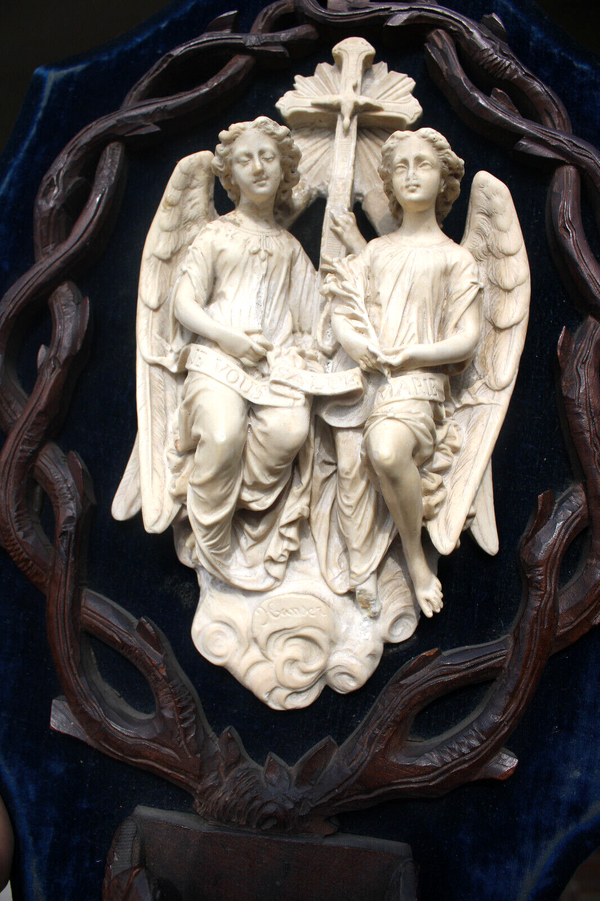 Antique Black forest meerschaum Archangel Statue holy water font religious panel