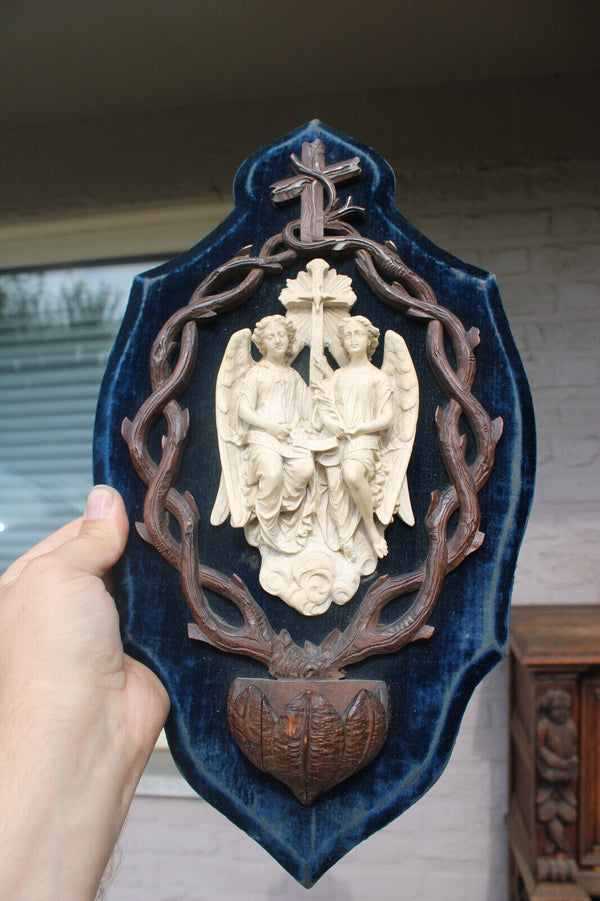 Antique Black forest meerschaum Archangel Statue holy water font religious panel