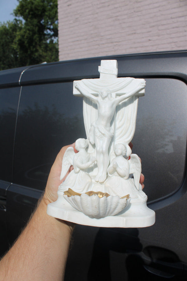 Antique Vieux paris porcelain 19thc angels crucifix holy water font religious
