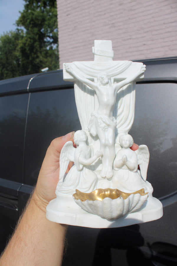 Antique Vieux paris porcelain 19thc angels crucifix holy water font religious