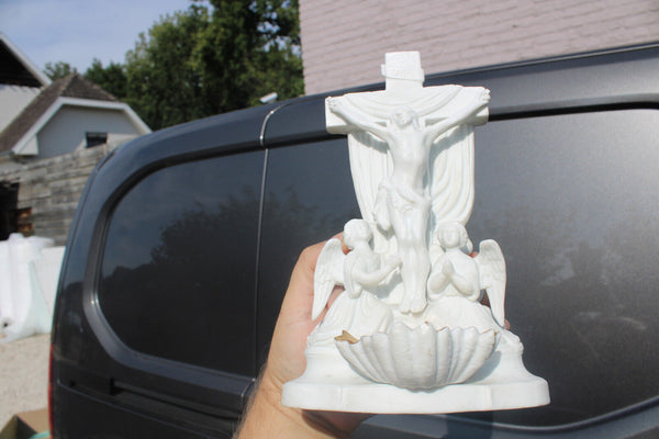 Antique Vieux paris porcelain 19thc angels crucifix holy water font religious
