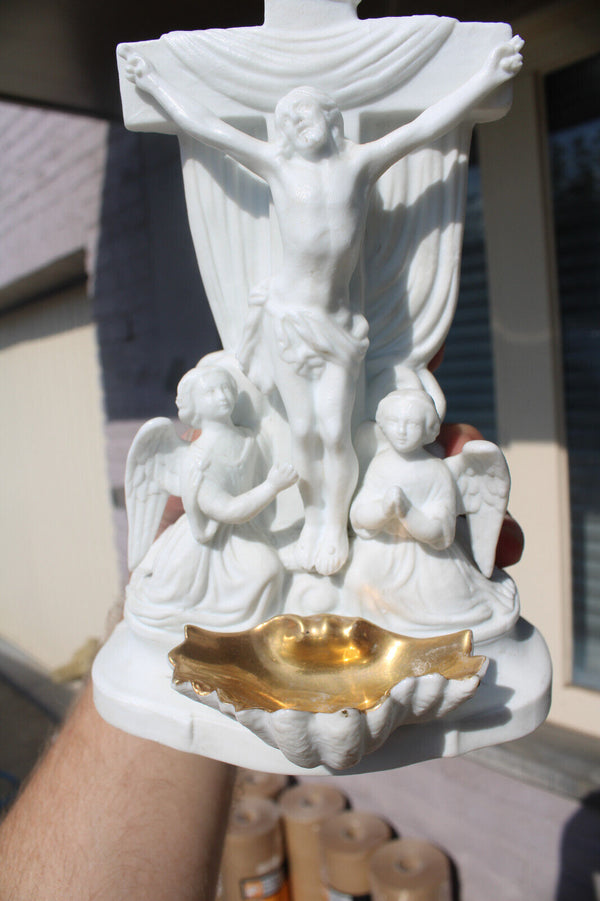 Antique Vieux paris porcelain 19thc angels crucifix holy water font religious