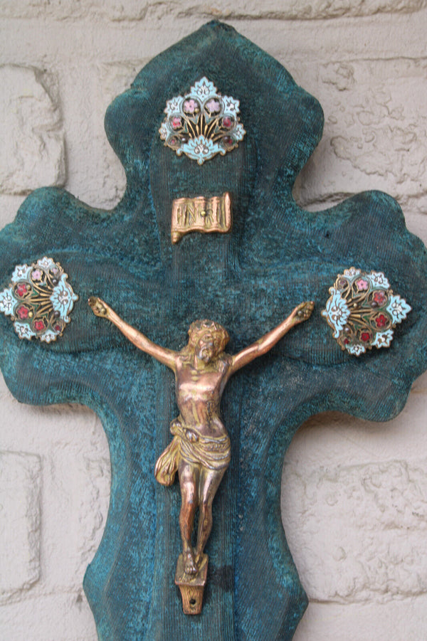 Antique French cloisonne enamel velvet crucifix holy water font religious