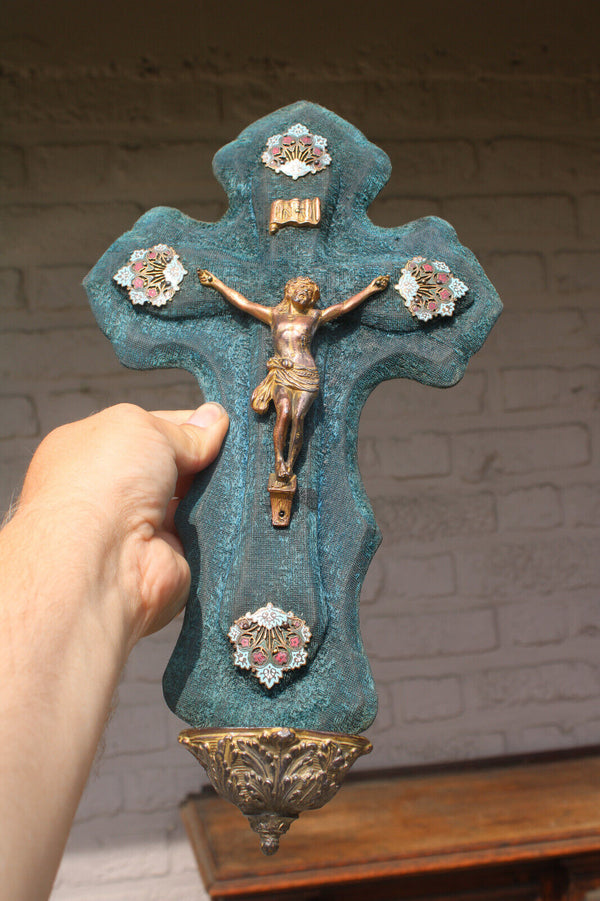 Antique French cloisonne enamel velvet crucifix holy water font religious