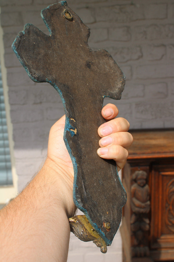 Antique French cloisonne enamel velvet crucifix holy water font religious