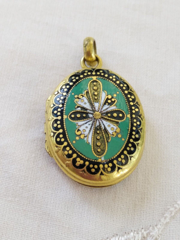 Antique Enamel cloisonne locket pendant porte photo picture holder
