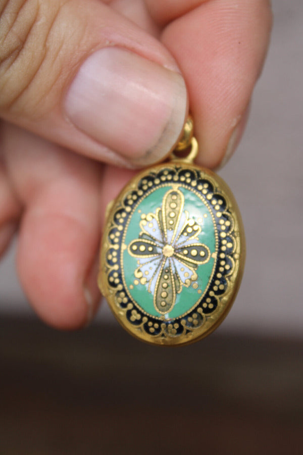 Antique Enamel cloisonne locket pendant porte photo picture holder