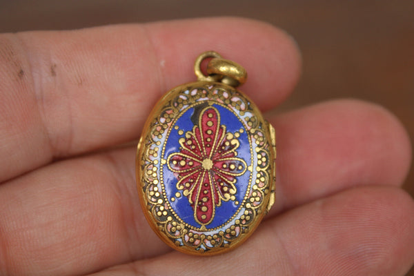 Antique Enamel cloisonne locket pendant porte photo picture holder