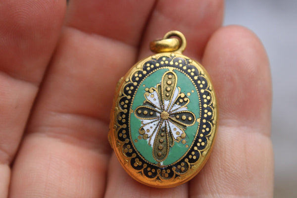 Antique Enamel cloisonne locket pendant porte photo picture holder