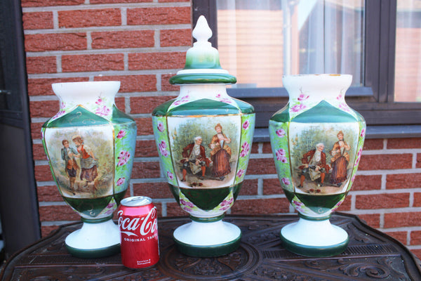 Antique set 3 opaline glass victorian scene mantel vases set
