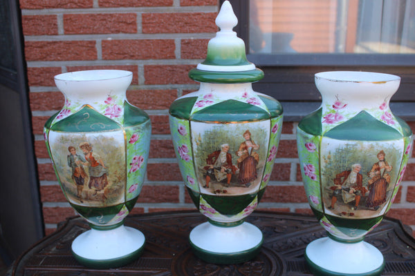 Antique set 3 opaline glass victorian scene mantel vases set
