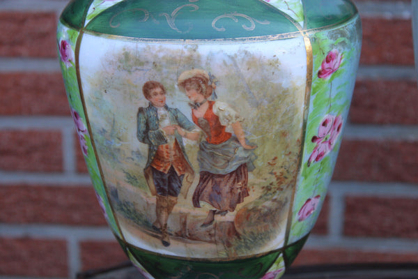 Antique set 3 opaline glass victorian scene mantel vases set
