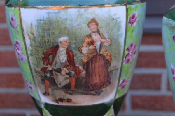 Antique set 3 opaline glass victorian scene mantel vases set