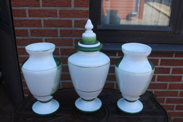 Antique set 3 opaline glass victorian scene mantel vases set