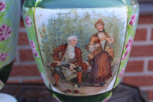 Antique set 3 opaline glass victorian scene mantel vases set