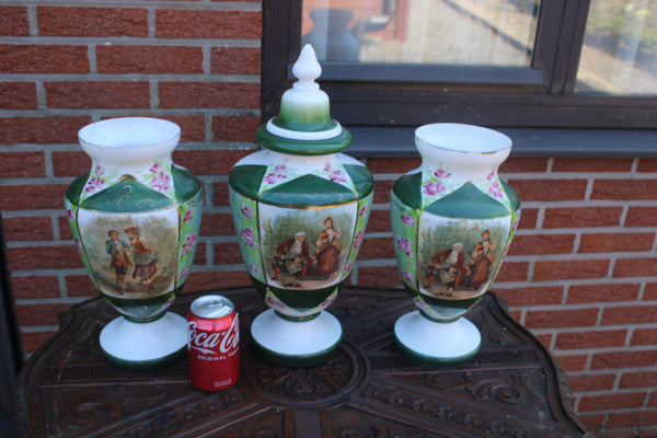 Antique set 3 opaline glass victorian scene mantel vases set