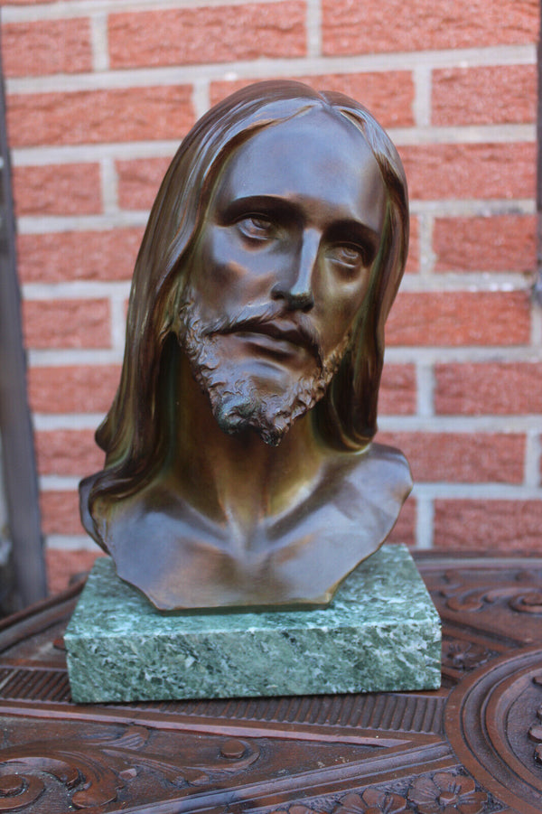 Antique terracotta signed DOMMISSE bust statue jesus christ marble base