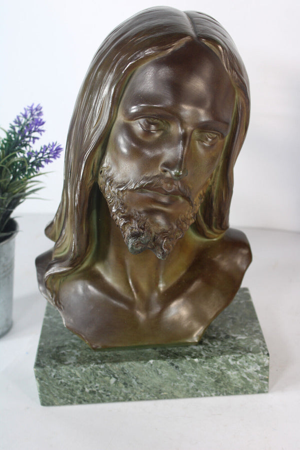 Antique terracotta signed DOMMISSE bust statue jesus christ marble base