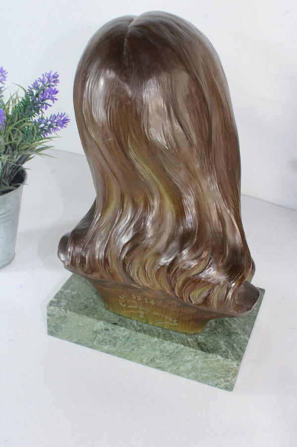 Antique terracotta signed DOMMISSE bust statue jesus christ marble base