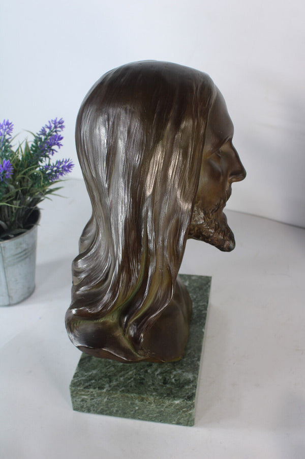 Antique terracotta signed DOMMISSE bust statue jesus christ marble base