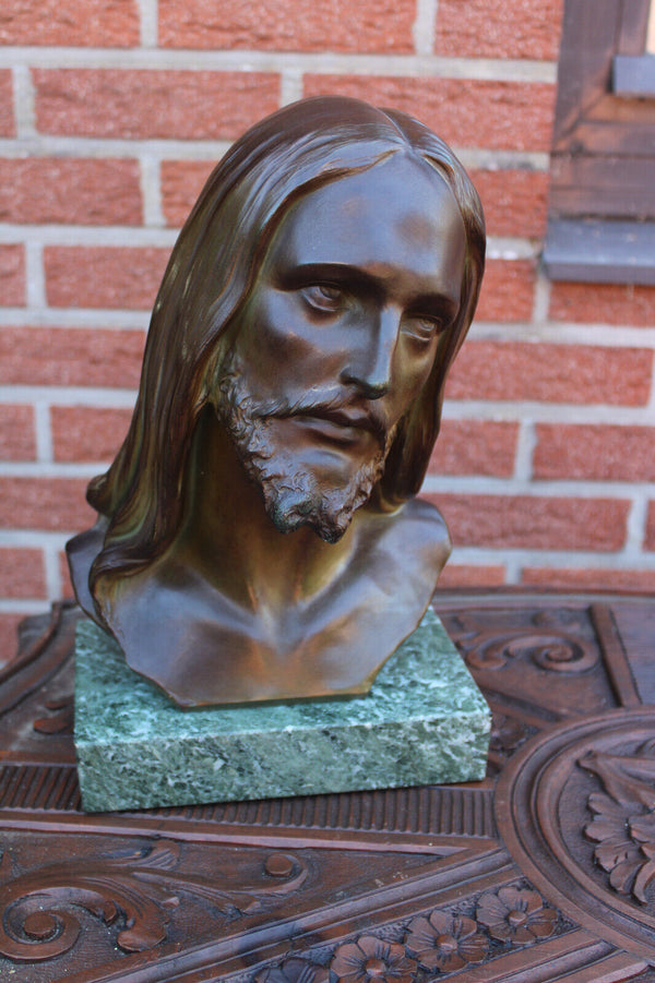 Antique terracotta signed DOMMISSE bust statue jesus christ marble base