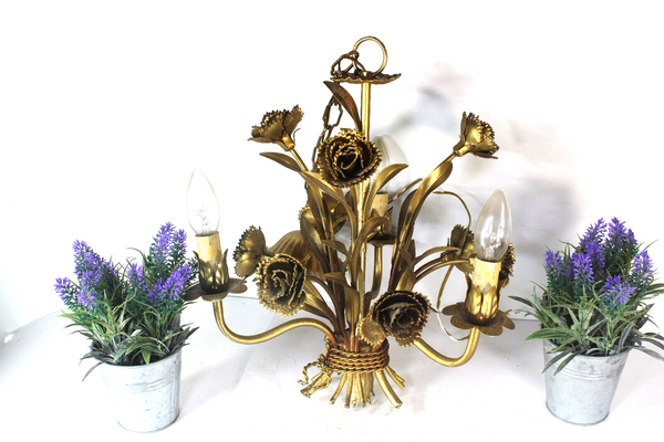 Hollywood regency 1970 metal gold gilt floral chandelier