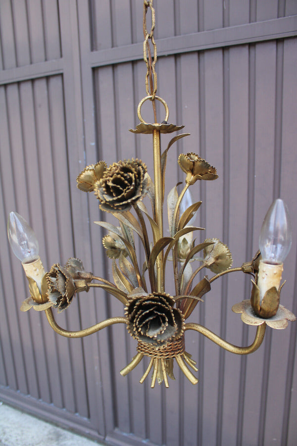 Hollywood regency 1970 metal gold gilt floral chandelier
