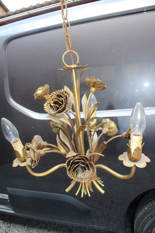 Hollywood regency 1970 metal gold gilt floral chandelier
