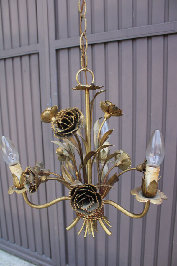 Hollywood regency 1970 metal gold gilt floral chandelier