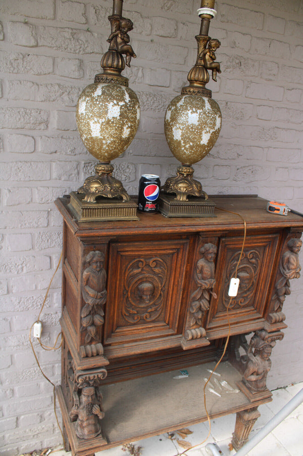 PAIR large vintage 1970 metal glass putti cherub table lamps