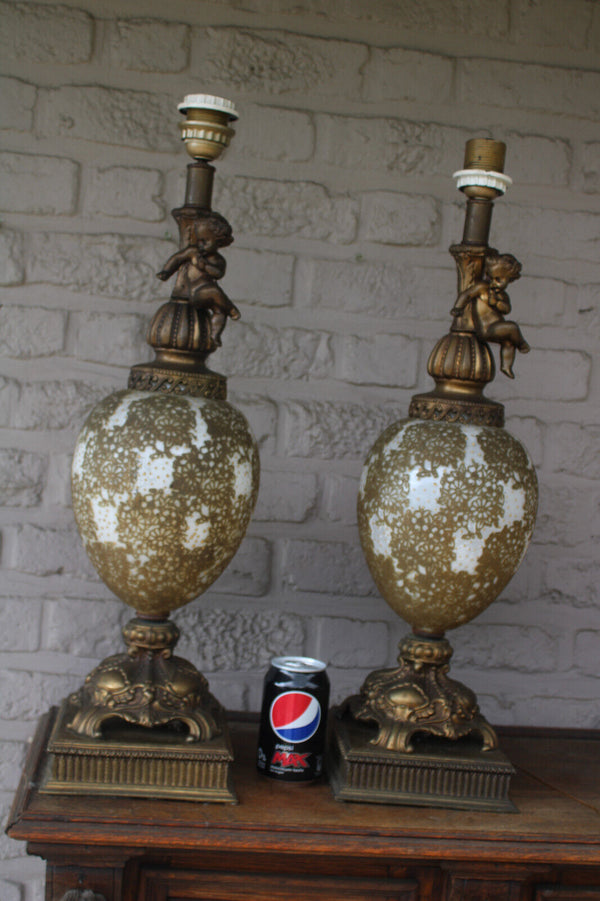 PAIR large vintage 1970 metal glass putti cherub table lamps