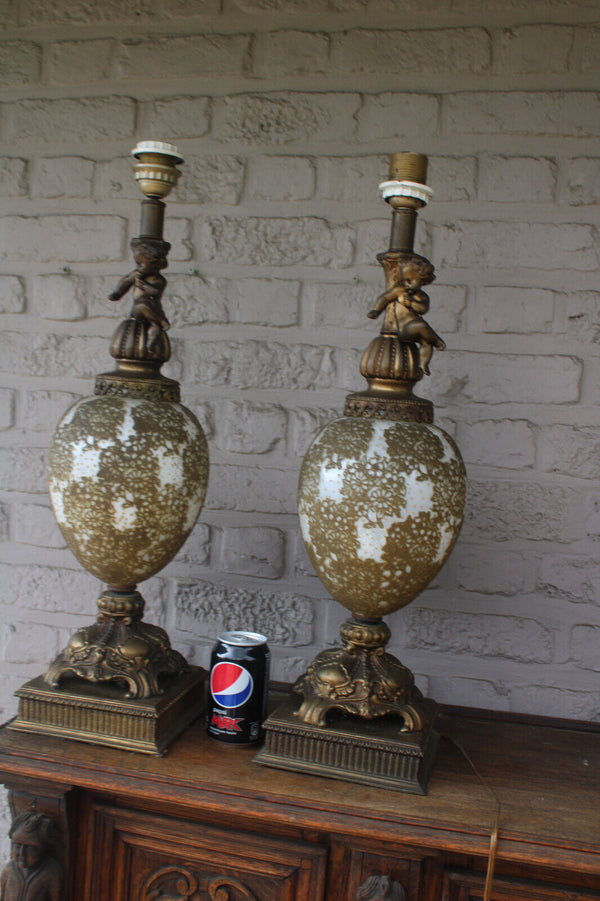 PAIR large vintage 1970 metal glass putti cherub table lamps