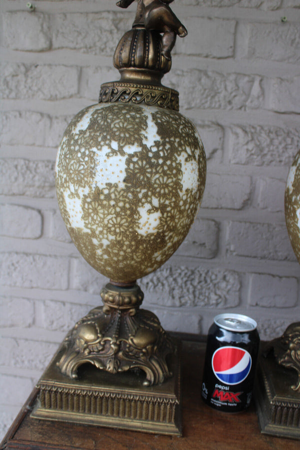 PAIR large vintage 1970 metal glass putti cherub table lamps