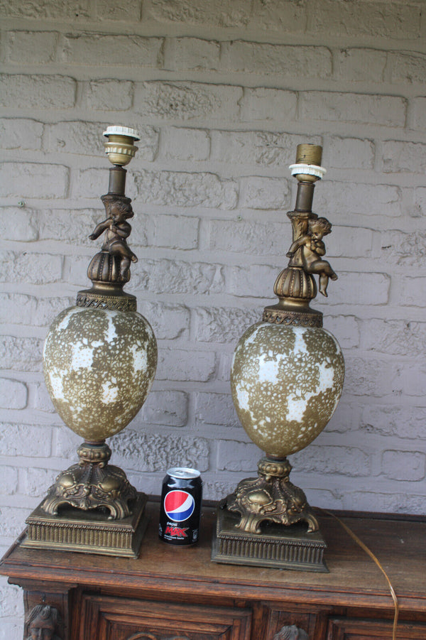 PAIR large vintage 1970 metal glass putti cherub table lamps