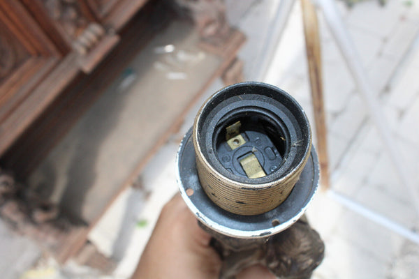 PAIR large vintage 1970 metal glass putti cherub table lamps