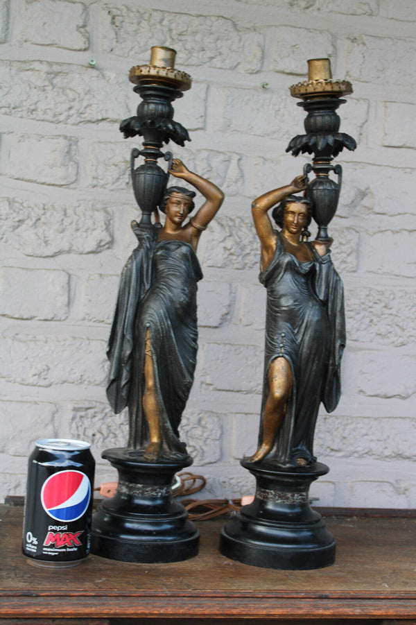 Antique pair spelter on marble base lady amphore vase lamps statue