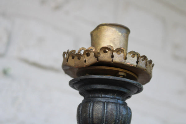 Antique pair spelter on marble base lady amphore vase lamps statue