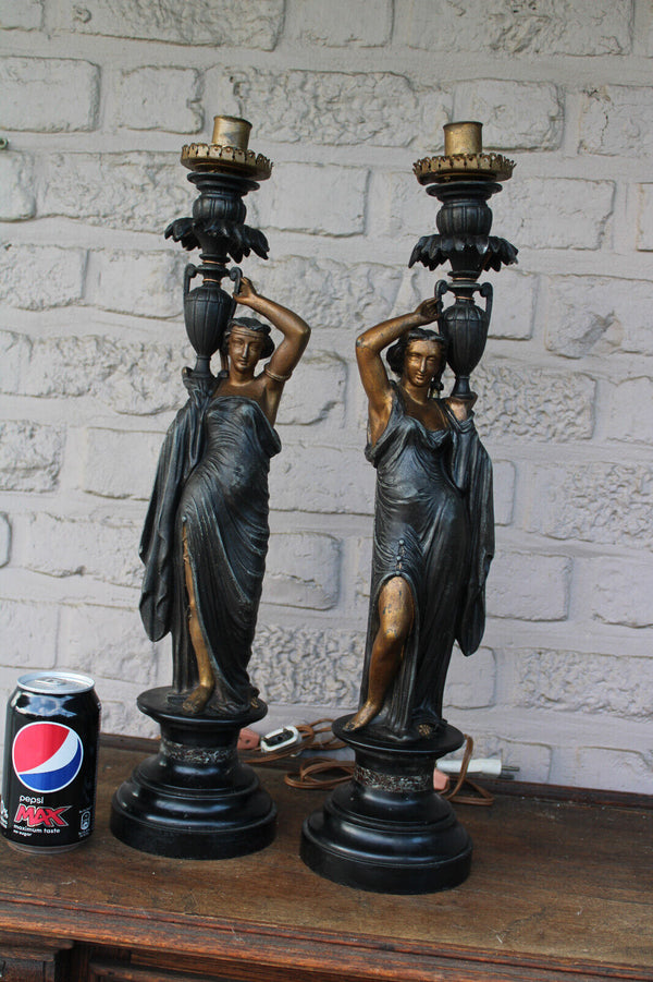 Antique pair spelter on marble base lady amphore vase lamps statue