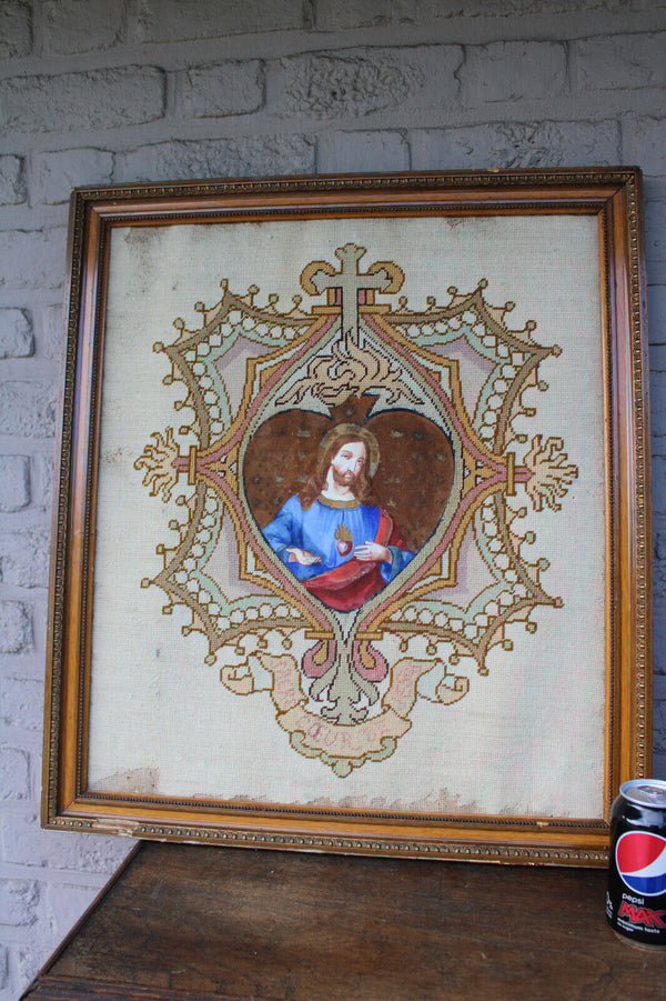 Antique embroidery sacred heart christ portrait frame religious handwork 19thc