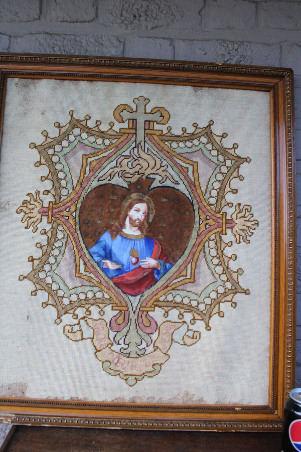 Antique embroidery sacred heart christ portrait frame religious handwork 19thc