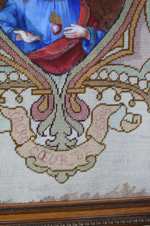 Antique embroidery sacred heart christ portrait frame religious handwork 19thc