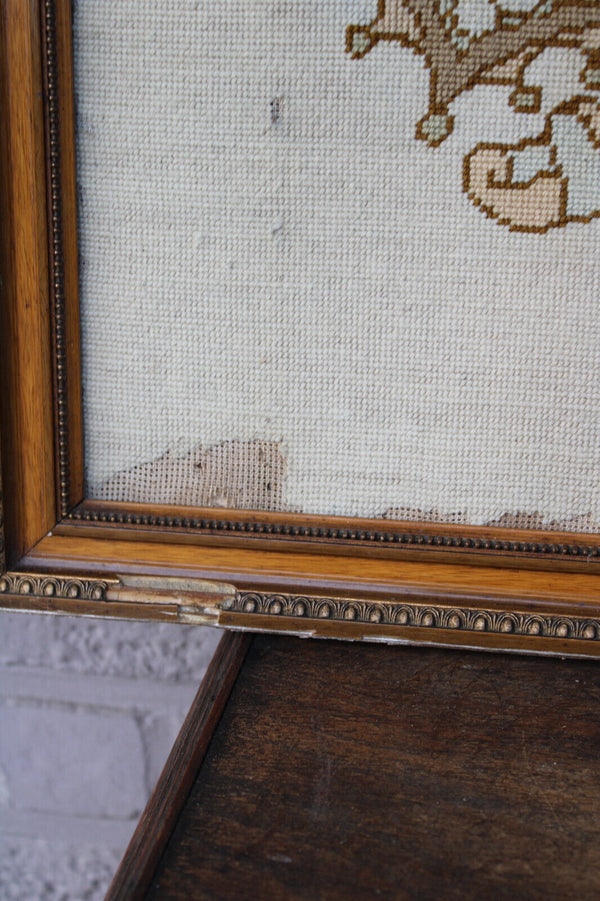 Antique embroidery sacred heart christ portrait frame religious handwork 19thc